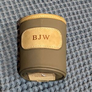 Jon Hart Monogrammed Can Cooler (Koozie) in Khaki with Leather Trim